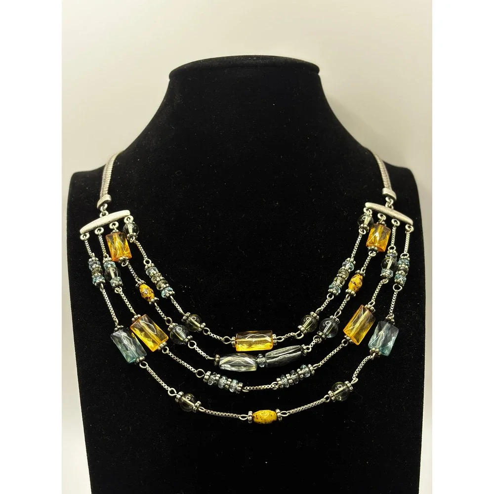 Axcess Liz Claiborne Multi Strand Beaded Necklace Amber Teal Silver‎ Tone 15